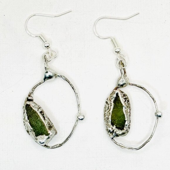 Natural Moldavite & Sterling 925 Boho Metalwork Earrings - Picture 13 of 17